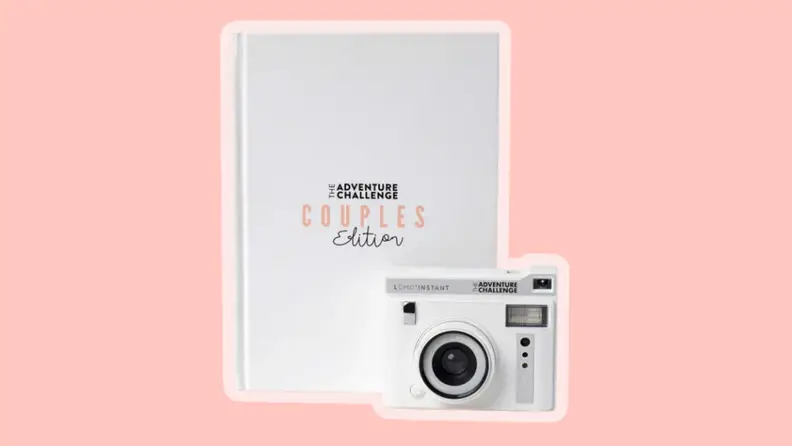 The Couple Edition Adventure Challenge book and an instant camera.