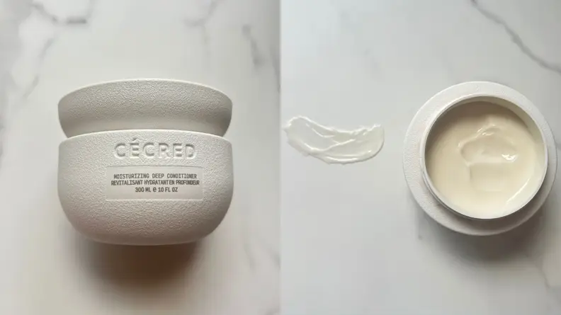 Cecred Moisturizing Deep Conditioner container and conditioner against a marbled background