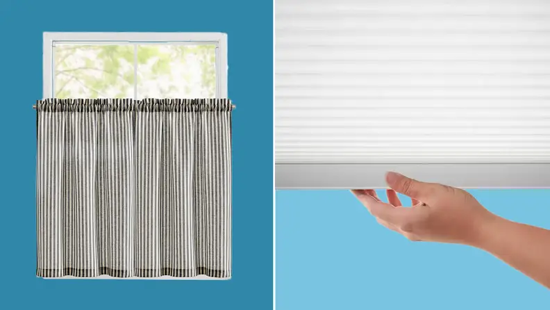 Photo collage of pinstriped gray and white linen kitchen curtains in front of window next to hand pulling down light filtering window shade.
