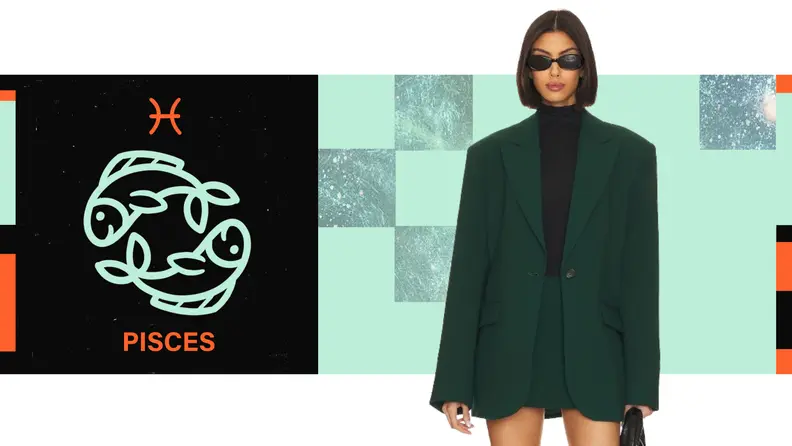 On the left is the symbol for Pisces, and on the right is a model wearing an oversized green blazer.