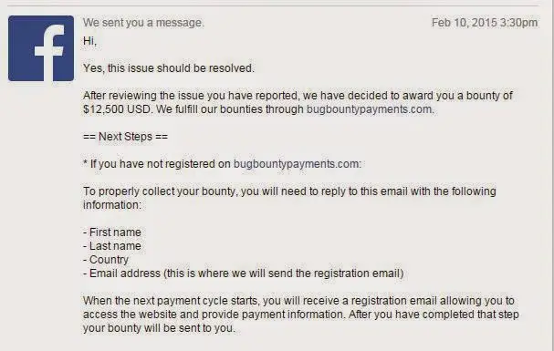 The Facebook message sent to Laxman Muthiyah informing him of his bounty