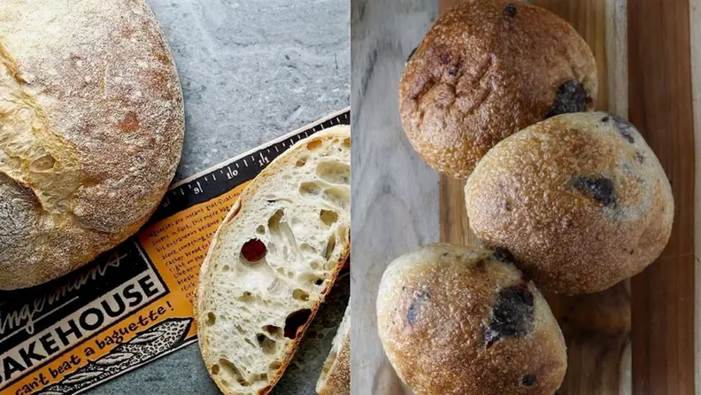 Side by side photos of freshly-baked breads.