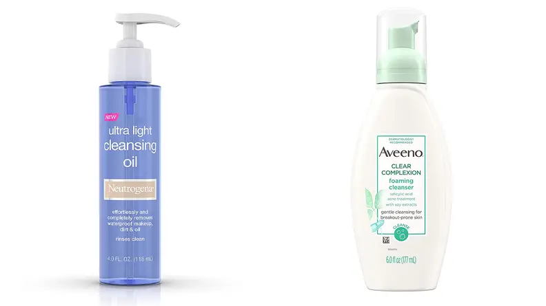 The Neutrogena Ultra Light Face Cleansing Oil & Makeup Remover and the Aveeno Clear Complexion Foaming Cleanser.