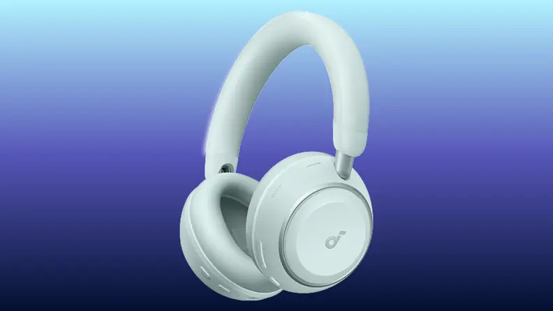 Anker Soundcore Space 2 wireless over-ear headphones in light gray shown against a blue gradient background.