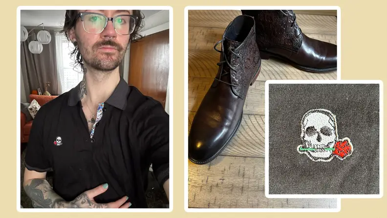 Selfie of a man wearing black shirts from Robert Graham, a close-up of the Robert Graham skull emblem, and also a pair of boots with embossed leather.
