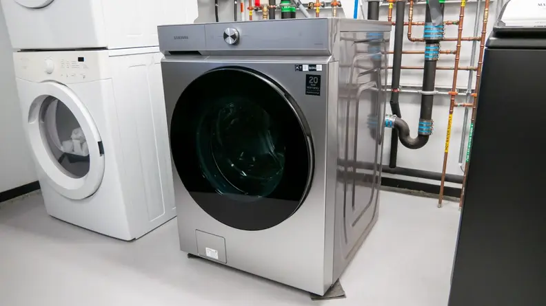 The Samsung WF53BB8700AT large capacity washing machine is set up in our laundry testing lab.