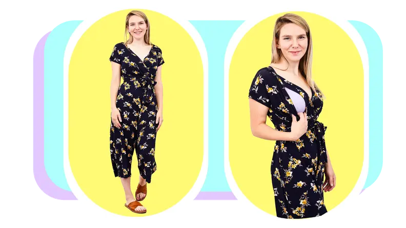 Model smiles while revealing hidden nursing access on v-neck, floral-printed, black jumpsuit.