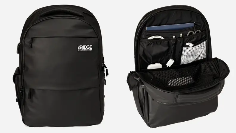 Black backpack from The Ridge, open black backpack from The Ridge.