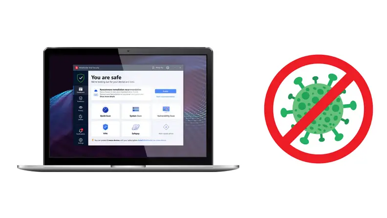Laptop displaying antivirus software interface alongside a no-virus symbol indicating protection from malware.
