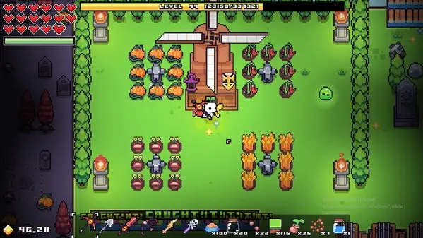 A screenshot of the game Forager, showing the main character in front of a windmill, carrying a pickaxe, about to tend to their crops.