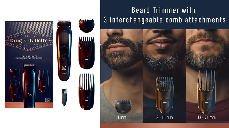 multiple shaving tools next to man with beard