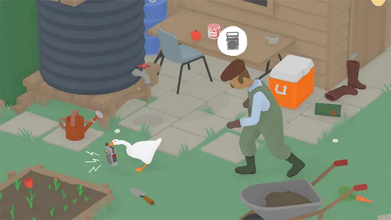 A farmer chases a white goose off his pumpkin patch after he caught the goose stealing a rake.