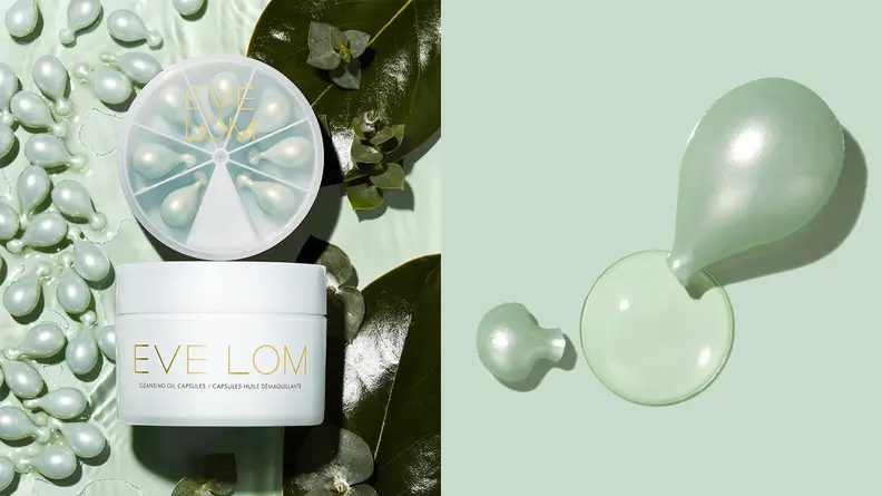 On the left: A wheel with seven slots that are filled with Eve Lom cleansing oil capsules. On the right: A green Eve Lom capsule broken open with cleansing oil spilling out.