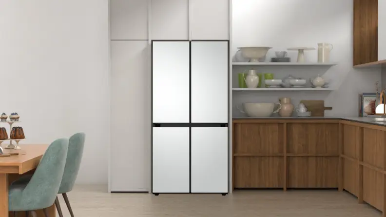 An image of the Bespoke fridge in a modern kitchen with its base colors in view.