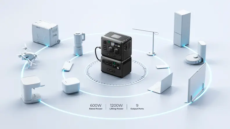 A Bluetti AC60 surrounded by devices