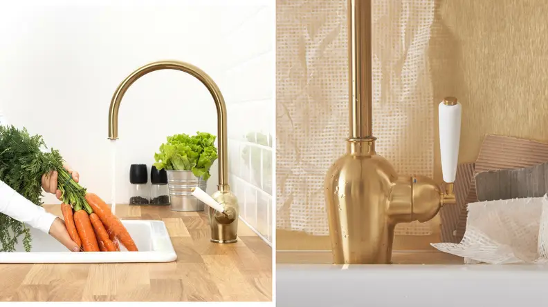 Ikea's Insjon faucet is yellow gold and porcelain