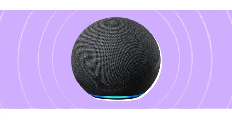 The Amazon Echo (4th Gen) on a purple background.