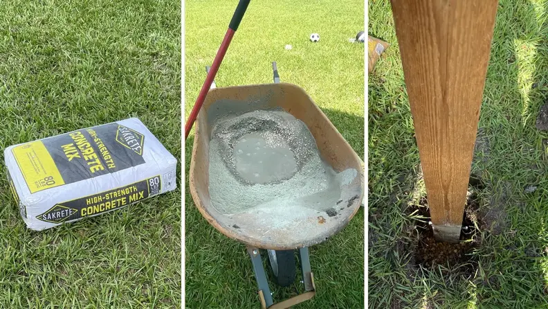 Three pictures showing off the cement used to install the patio shade posts.