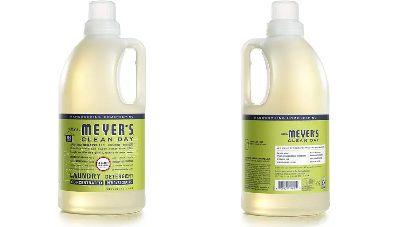 A bottle of Mrs. Meyer's laundry detergent shown from the front and the back on a white background.
