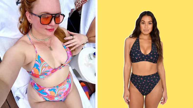 Collage image: On the left is a woman wearing a colorful printed bikini and sunglasses with red lenses, and on the right is a model wearing a black two-piece bathing suit.