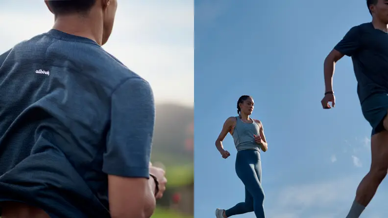 left: man wearing allbirds shirt. right: man and woman running in allbirds clothes.