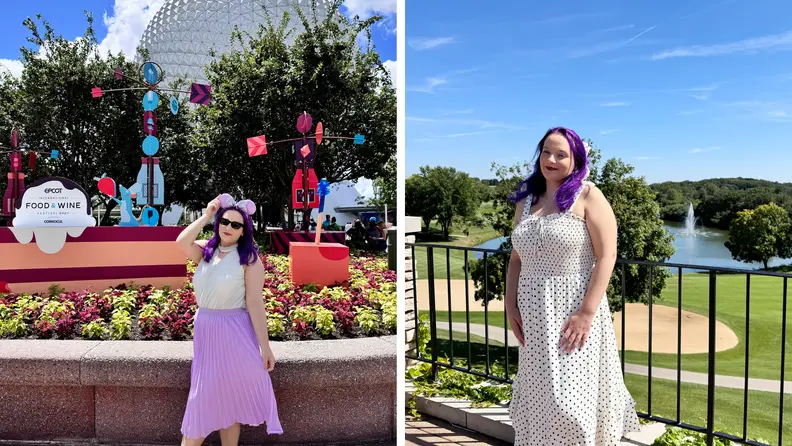 A woman wearing a white polka dotted dress and also a photo of her wearing a purple chiffon skirt and silver tank top with purple Mickey Mouse ears.