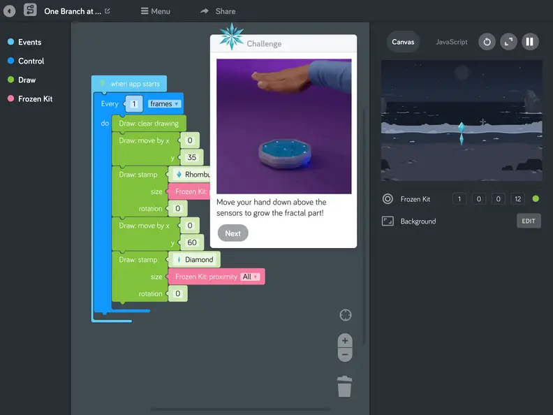 The Kano app includes special coding commands that integrate the control sensor unit into each program.