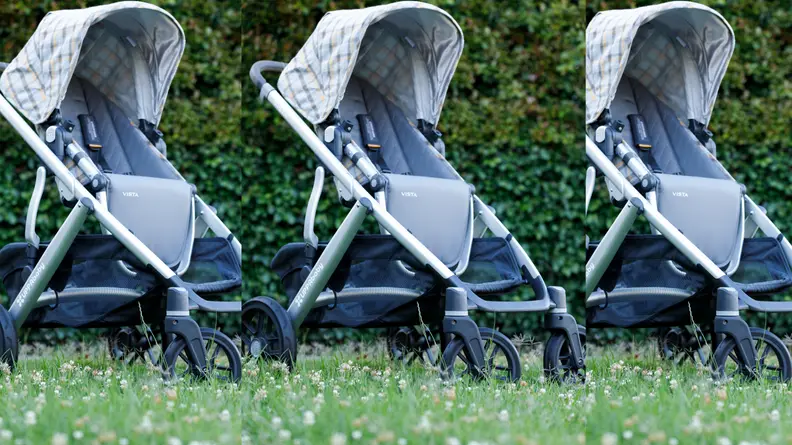 Three images of  the UppaBaby Vista stroller side by side