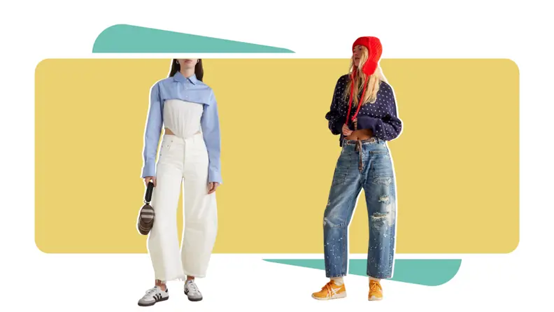 A model wearing white jeans and another model wearing paint-splattered jeans.