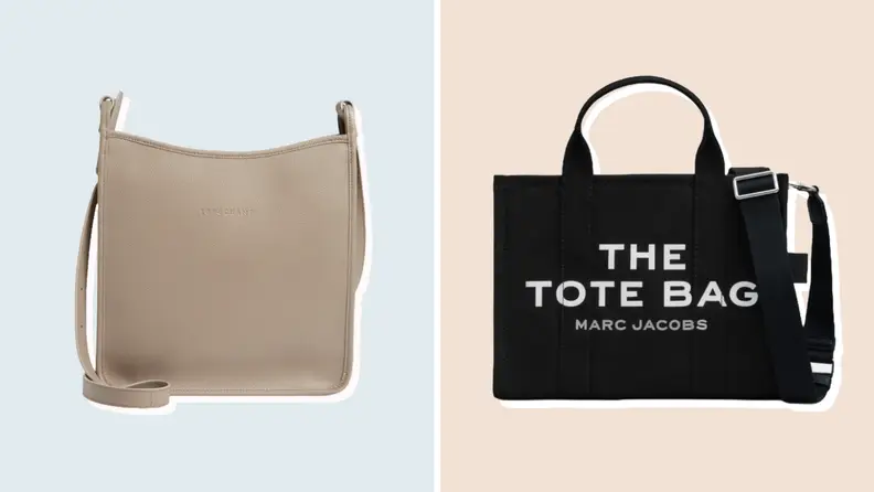 Two purses from Nordstrom against grey and beige backgrounds.