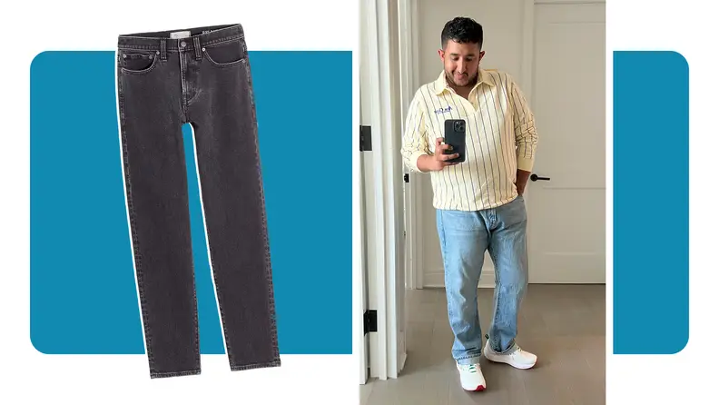 On the left is a pair of dark wash jeans, on the right is a photo of the author wearing a striped rugby shirt and light jeans.]