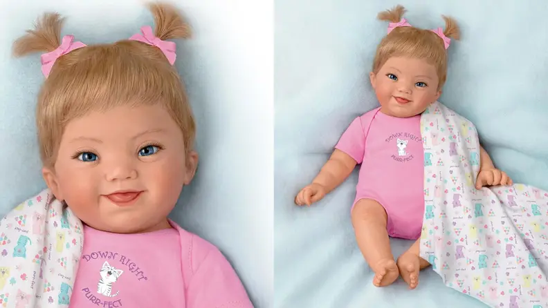 A side-by side image showing a closeup of the Ashton-Drake doll's face and resting on a blanket