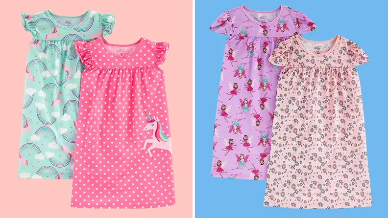 Four nightgowns from Carter's on a pink and blue background