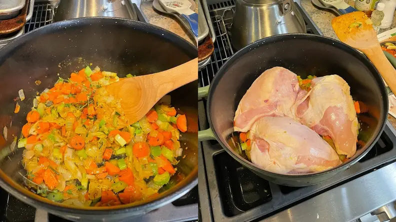 Photo collage of chopped vegetables being cooked inside of pot next to raw chicken breasts sitting on top of vegetables.