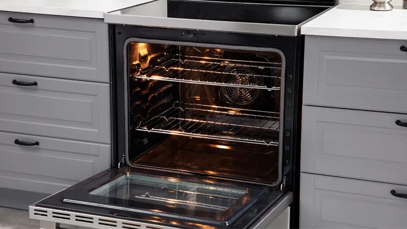 Hisense HBE3501CPS 30-in Freestanding Electric Range with oven door open.