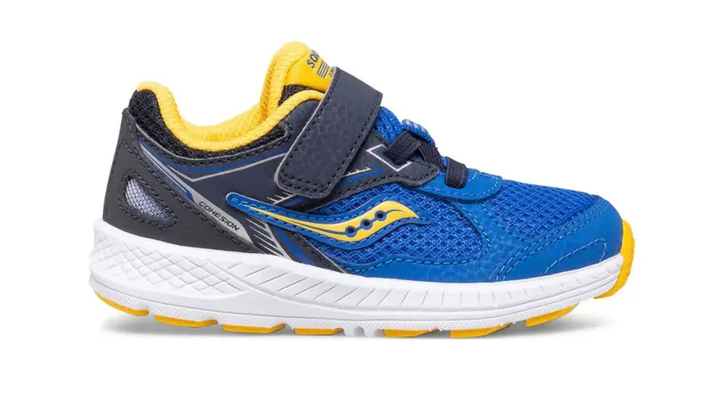 A blue pair of Saucony kids' shoes.