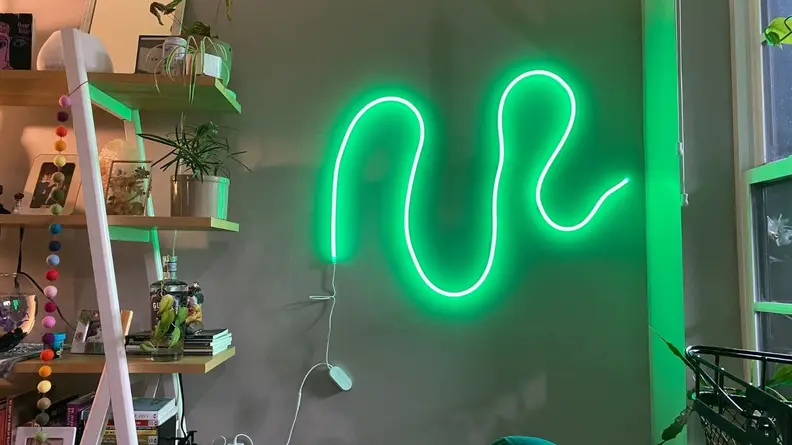Govee Neon Rope Lights illuminated in green hanging on a wall