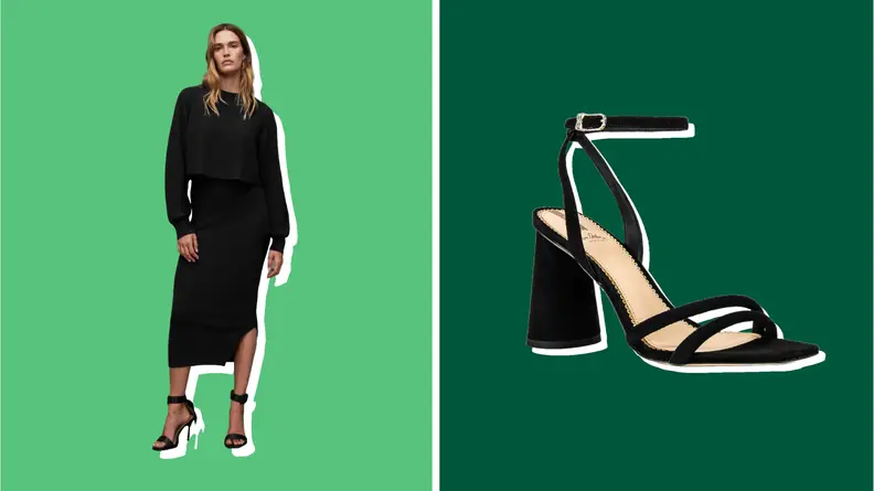 Collage of an AllSaints dress and a Sam Edelman high heel shoe.