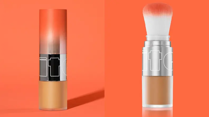 On the left: The Item Beauty Powder Hour in its cylindrical packaging standing on a red background. On the right: The Powder Hour's cap off to reveal a white and red brush.