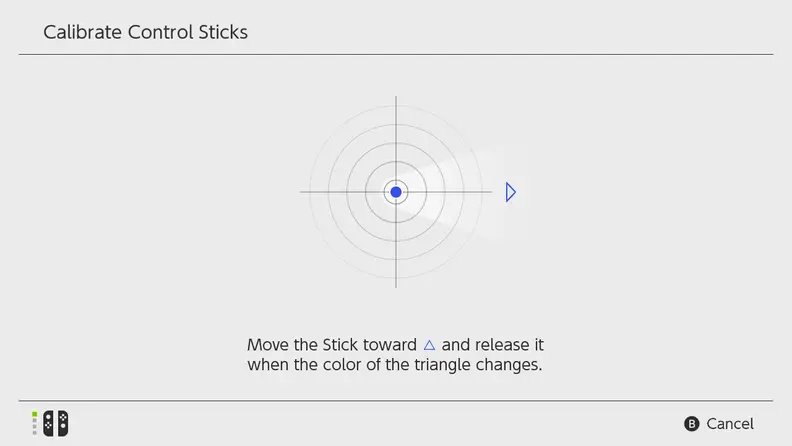 The controller calibration screen for Nintendo Switch joy-cons.