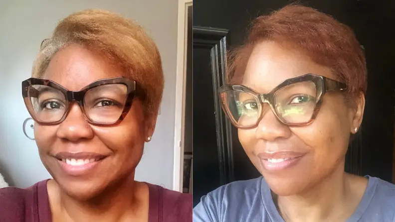A Black woman before and after using Madison Reed