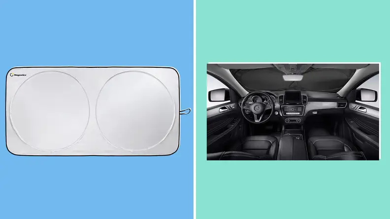 Image of a Magnalex sunshade in isolation next to an image of it being used in the front windshield of a car, as seen from inside the vehicle