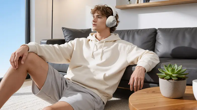 A person relaxes on the floor beside a couch while wearing over-ear wireless headphones, illustrating immersive audio listening at home as part of CES 2026 lifestyle tech.