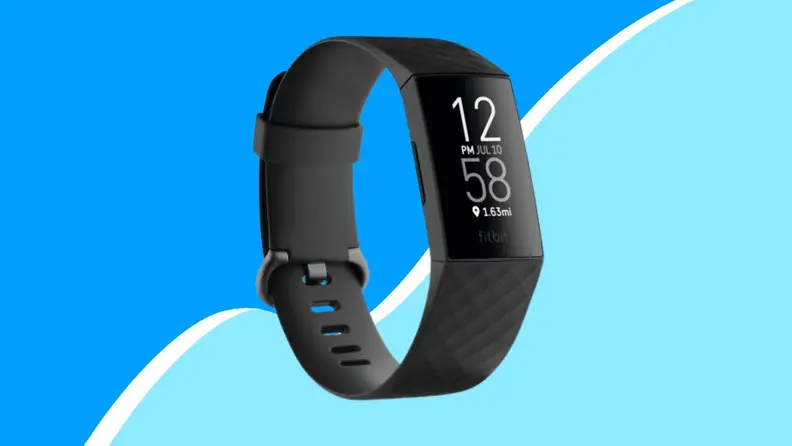 Black fitness tracker on blue background
