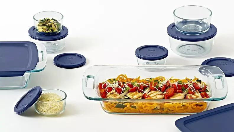 A stack of Pyrex containers.