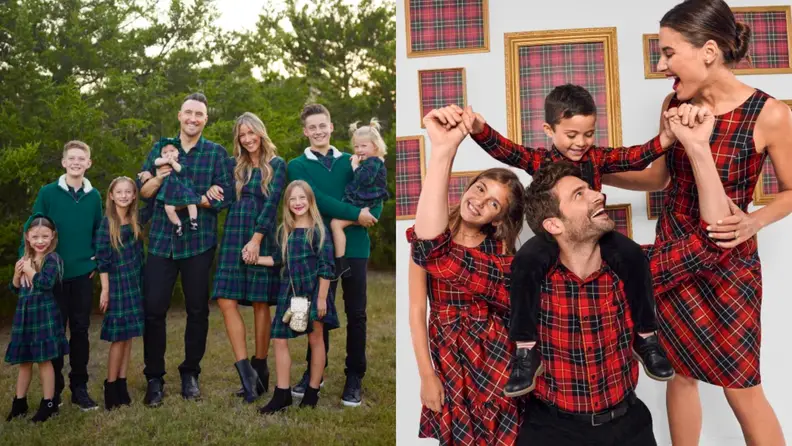 One set of a family outdoors in the forest in a green, plaid-themed set. The other is a very festive and elegant red plaid set.
