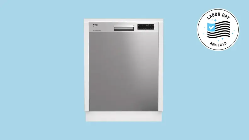 The front view of a stainless steel Beko dishwasher.