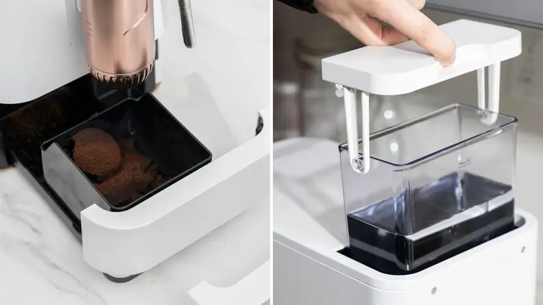 On right, the waste basket full of coffee grounds being removed from the machine. On right, the removable water container being pulled out of the machine.