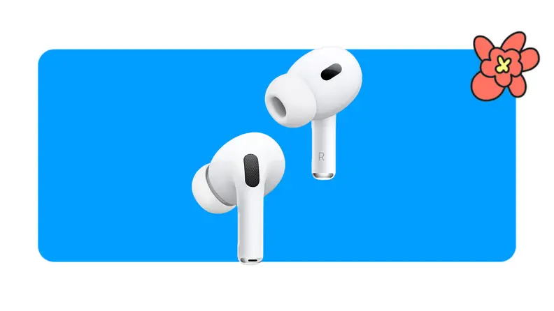 A pair of AirPods wireless headphones in front of a blue background with a red cartoon flower in the corner.