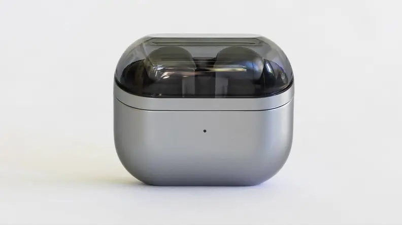 The Samsung Galaxy Buds3 Pro earbuds inside of its charging case with the lid closed.